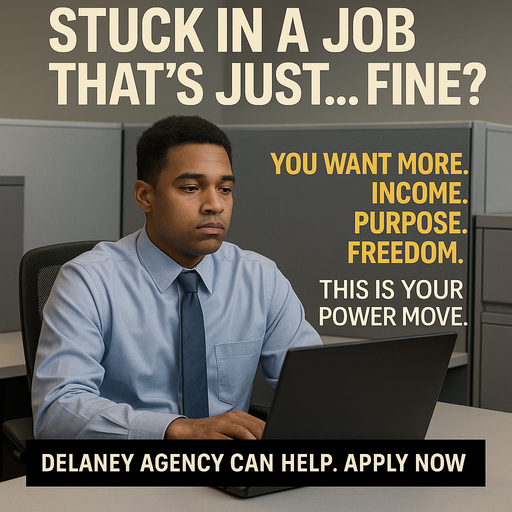 Young professional man in business attire sitting at a cubicle, looking serious while working on a laptop, with motivational career-change text overlay.