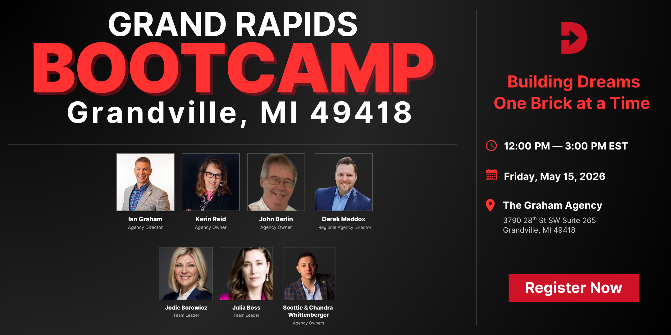 Event banner for Grand Rapids Bootcamp in Grandville, MI with headshots of speakers (Ian Graham, Karin Reid, John Berlin, Derek Maddox) below the title.