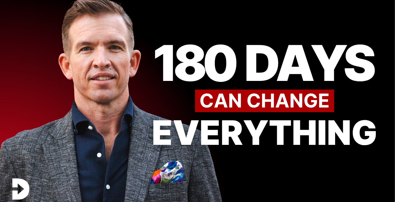 Portrait of a man in a gray blazer against a black-to-red gradient background with bold white text reading '180 DAYS' and 'EVERYTHING' with a red highlight bar saying 'CAN CHANGE'