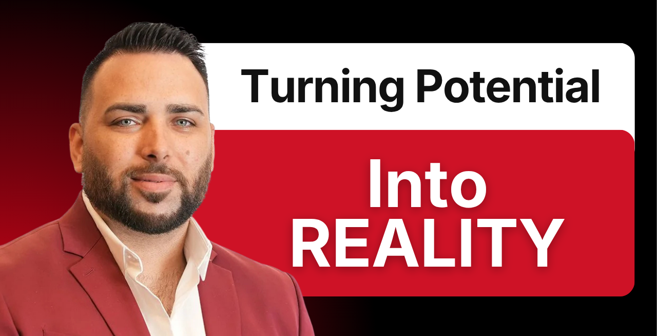 Video thumbnail: man in a maroon blazer beside bold text 'Turning Potential Into REALITY' on white and red panels.