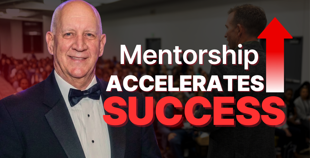 Smiling man in a tuxedo at a mentorship event, with the bold message 'Mentorship Accelerates Success' and a red upward arrow overlay.