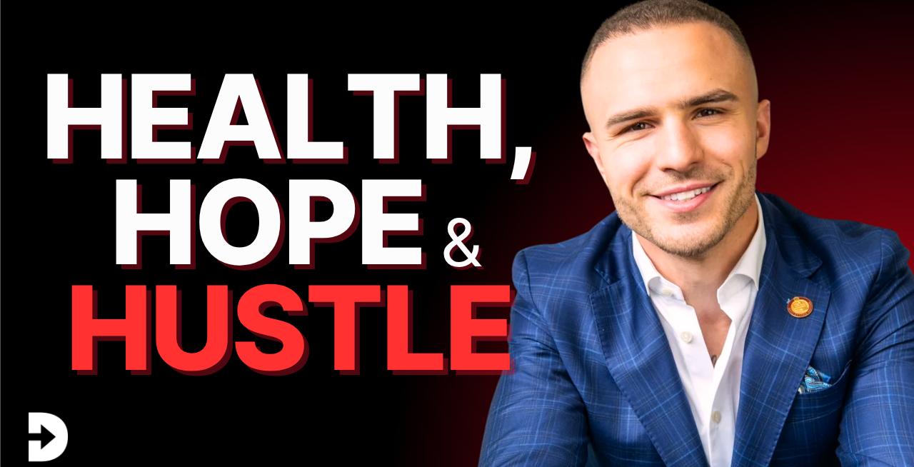 Smiling man in a blue suit beside bold white and red text that reads Health, Hope & Hustle on a dark background.