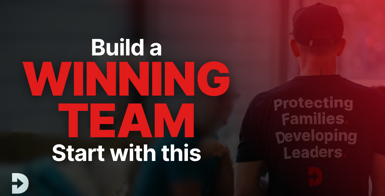 Hero banner: bold red 'WINNING TEAM' with 'Build a' above and 'Start with this' below, dark overlay, back of a person in a shirt that says 'Protecting Families. Developing Leaders.'; logo bottom-left